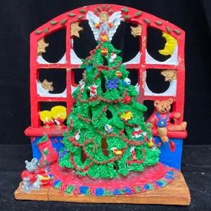 Vintage Cast Resin Christmas Tree Scene Tealight